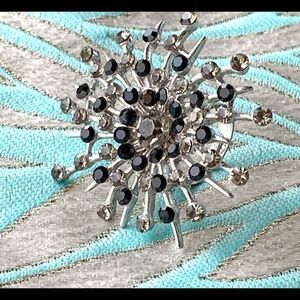 Huge adjustable black silver crystals 2” wide cocktail ring runway worthy